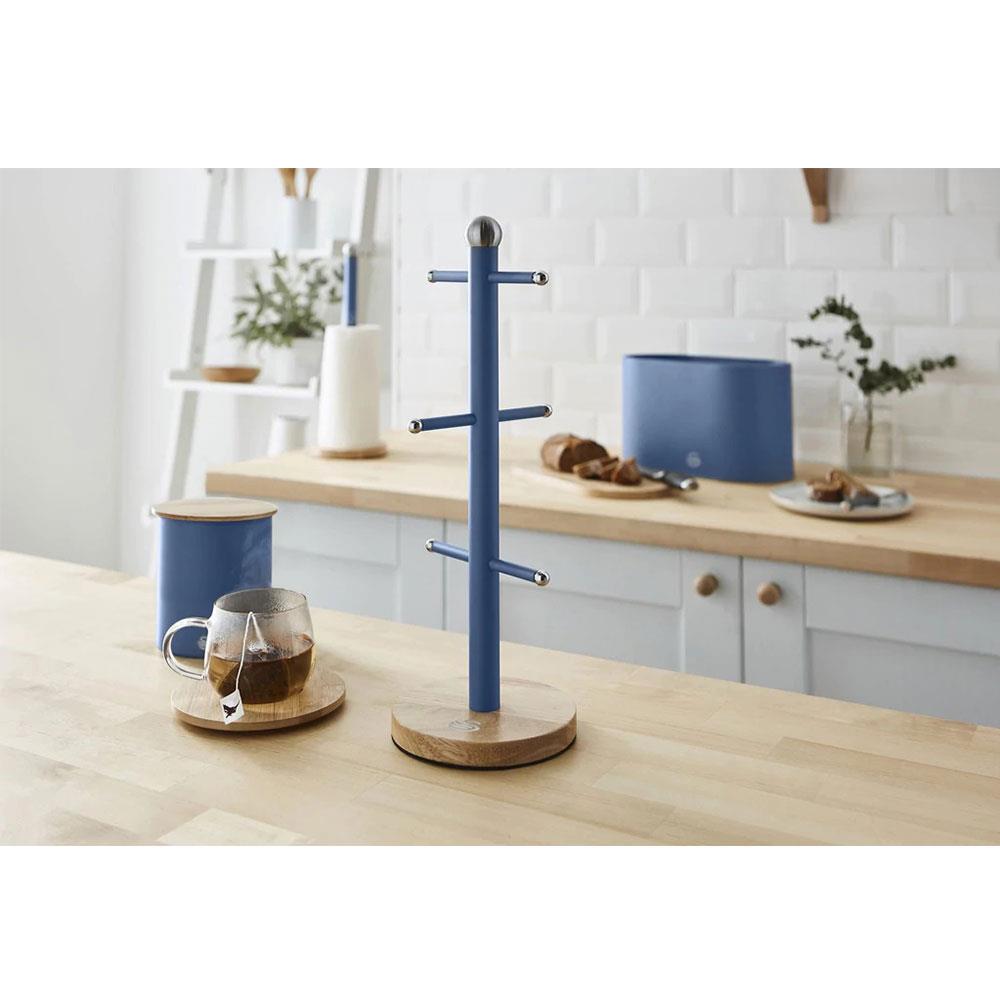 Swan Nordic Six Branch Mug Tree With Bamboo Base Wooden Effect Steel - Blue