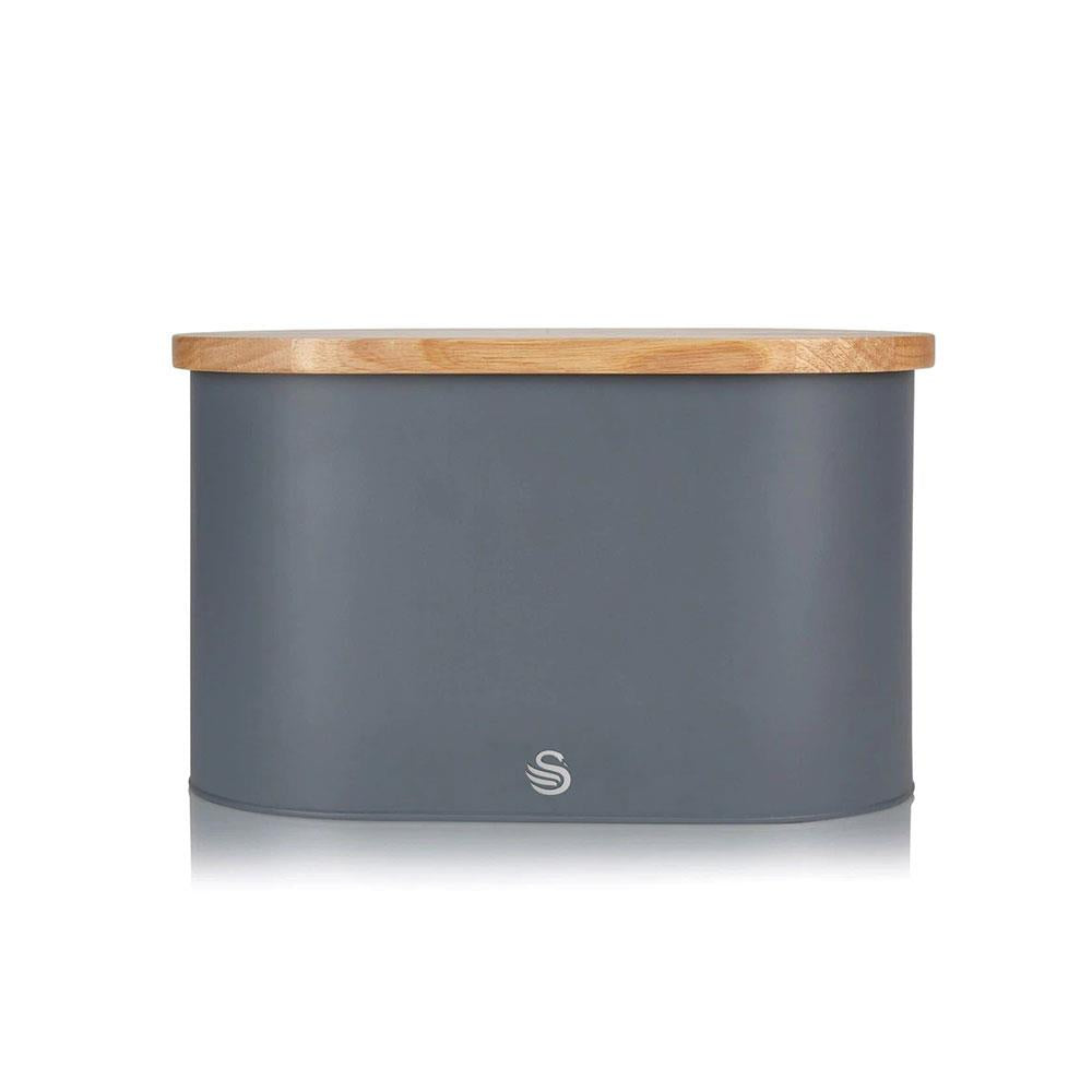 Swan Nordic Oval Bread Bin With Bamboo Cutting Board Lid Soft Touch Finish - Slate Grey