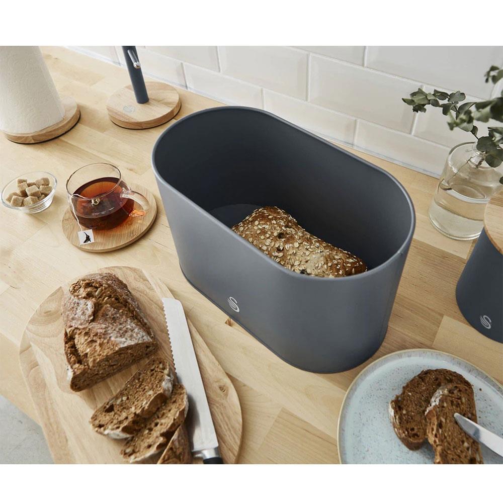 Swan Nordic Oval Bread Bin With Bamboo Cutting Board Lid Soft Touch Finish - Slate Grey