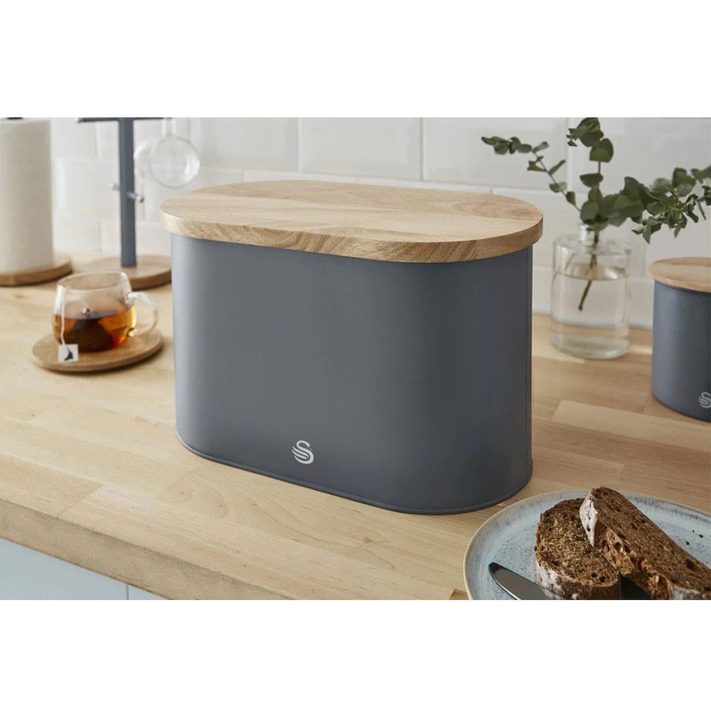 Swan Nordic Oval Bread Bin With Bamboo Cutting Board Lid Soft Touch Finish - Slate Grey
