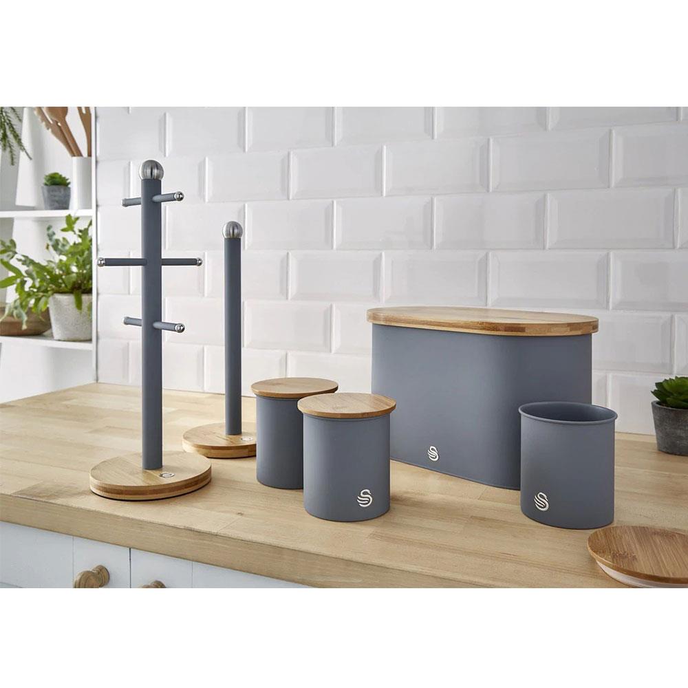 Swan Nordic Oval Bread Bin With Bamboo Cutting Board Lid Soft Touch Finish - Slate Grey