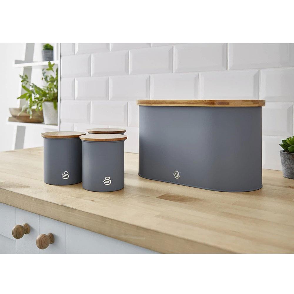 Swan Nordic Oval Bread Bin With Bamboo Cutting Board Lid Soft Touch Finish - Slate Grey