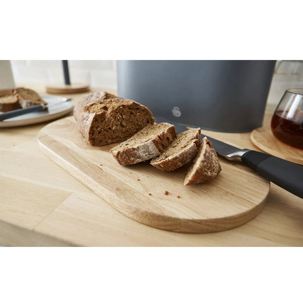 Swan Nordic Oval Bread Bin With Bamboo Cutting Board Lid Soft Touch Finish - Slate Grey