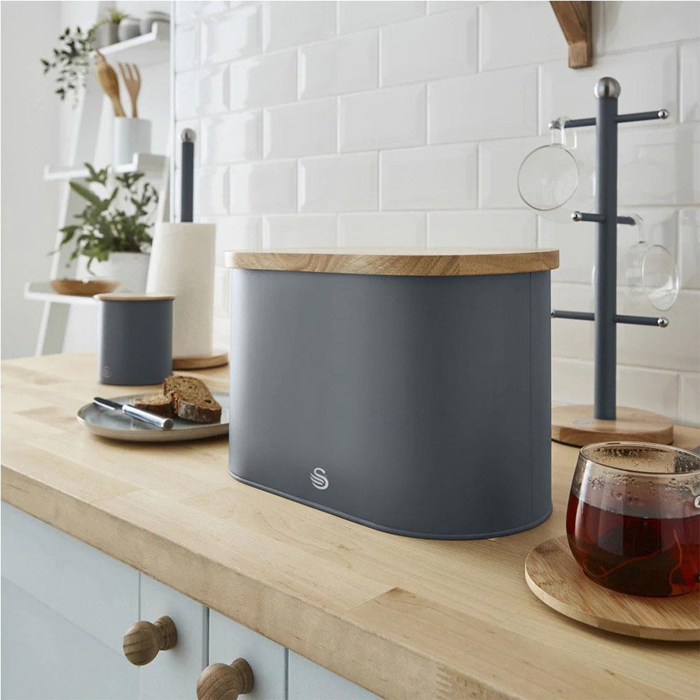 Swan Nordic Oval Bread Bin With Bamboo Cutting Board Lid Soft Touch Finish - Slate Grey