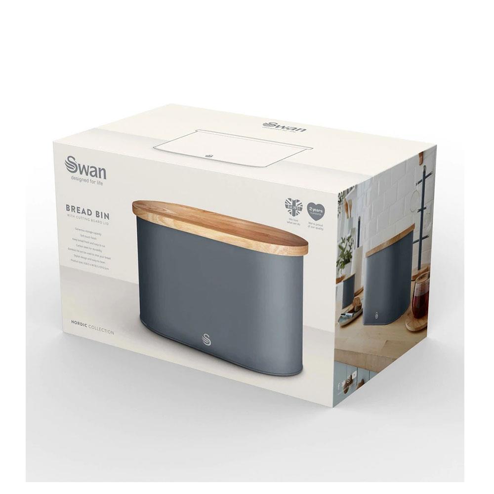 Swan Nordic Oval Bread Bin With Bamboo Cutting Board Lid Soft Touch Finish - Slate Grey