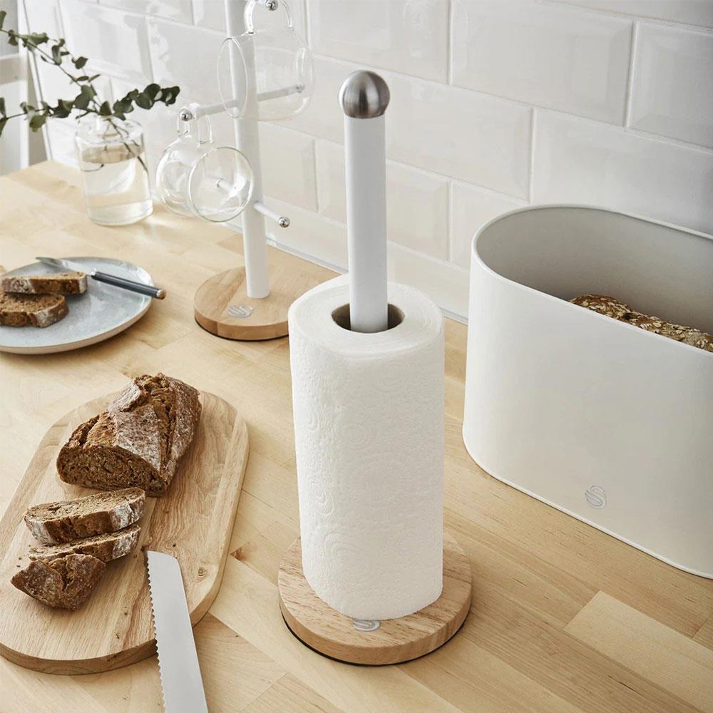 Swan Nordic Kitchen Roll Towel Pole With Bamboo Base - Cotton White