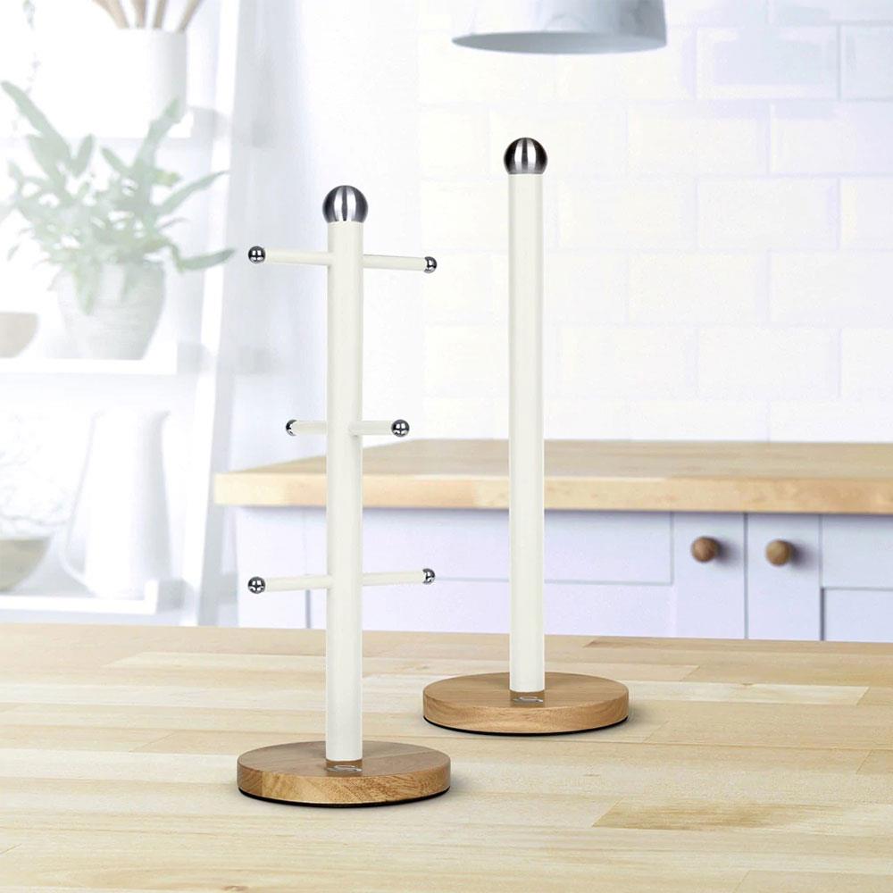 Swan Nordic Kitchen Roll Towel Pole With Bamboo Base - Cotton White