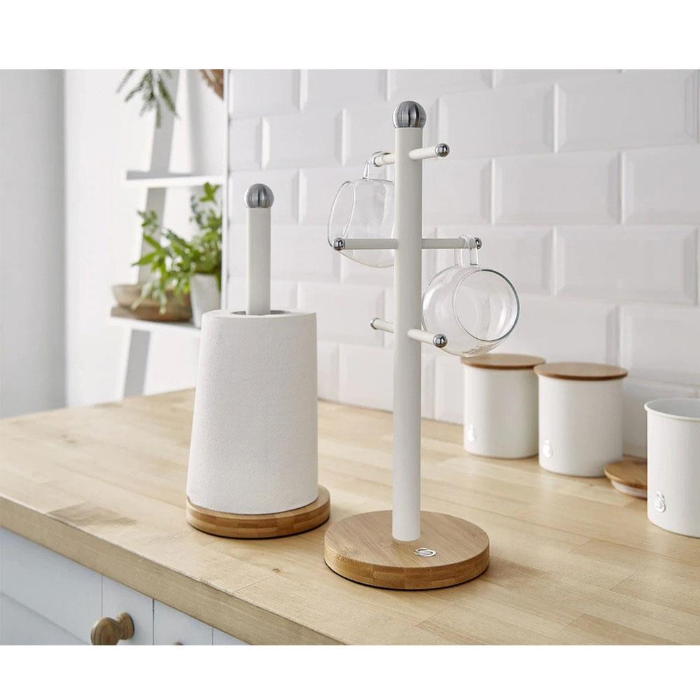 Swan Nordic Kitchen Roll Towel Pole With Bamboo Base - Cotton White