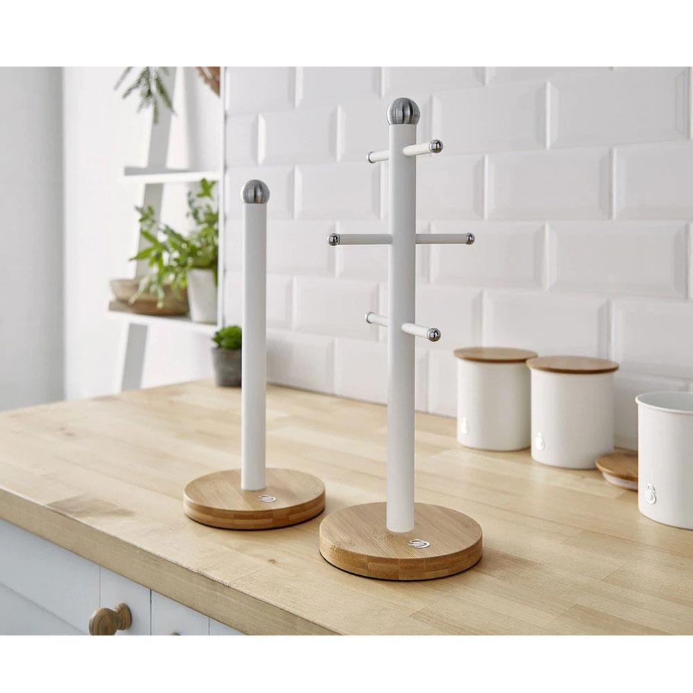 Swan Nordic Kitchen Roll Towel Pole With Bamboo Base - Cotton White