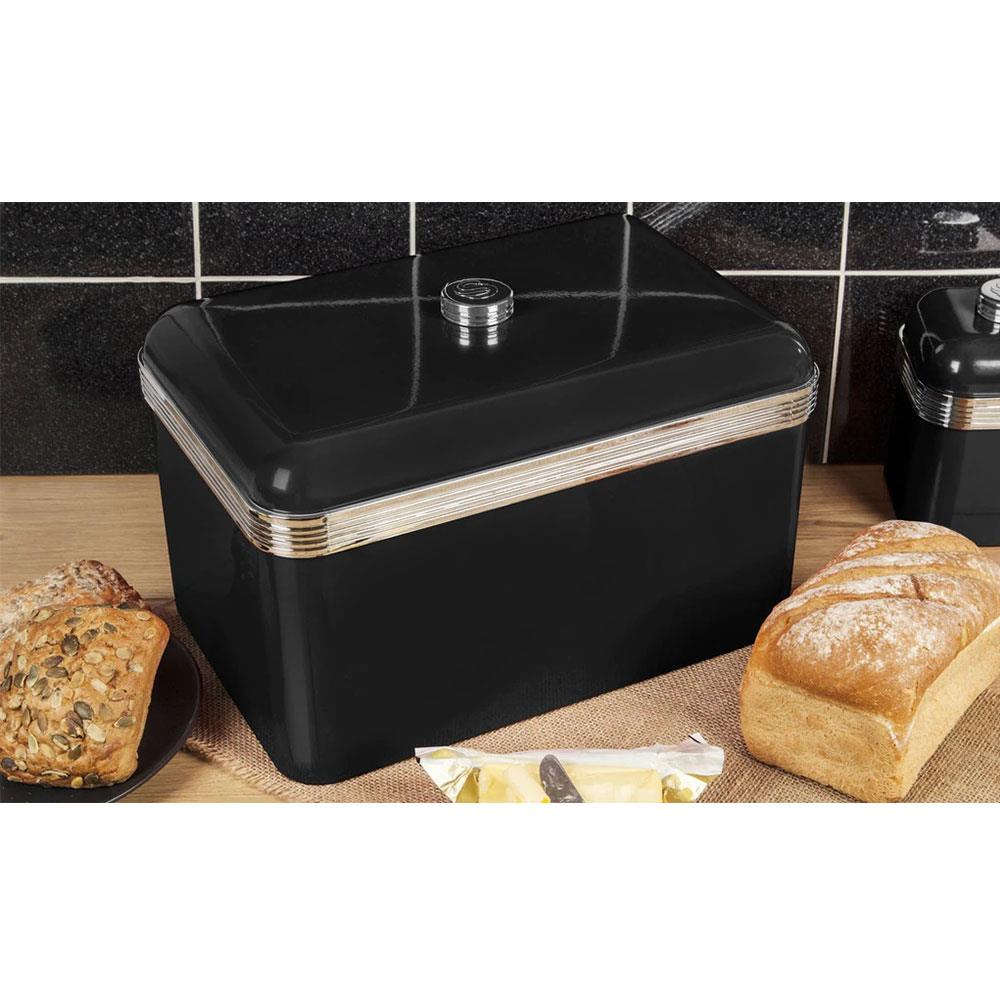 Swan Retro Bread Bin Metal Stainless Steel Chrome 18 Litre Storage Capacity - Black