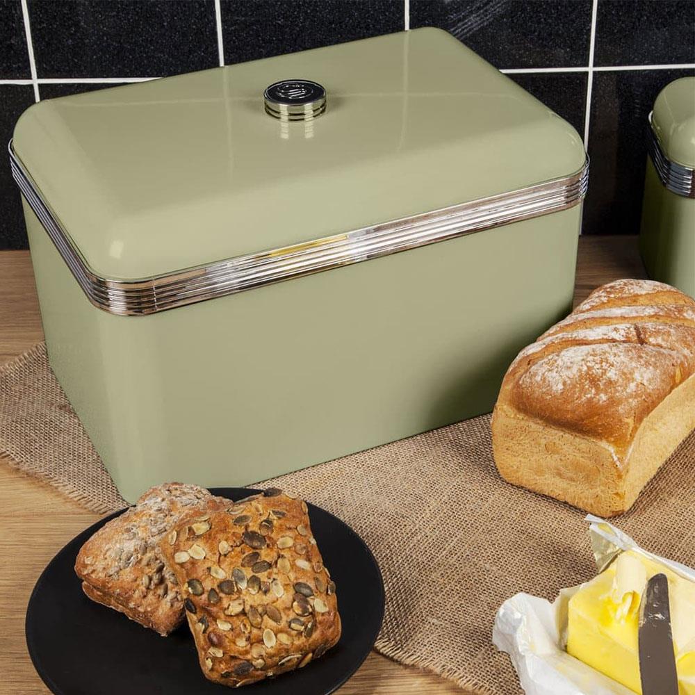 Swan Retro Bread Bin Metal Stainless Steel Chrome 18 Litre Storage Capacity - Green