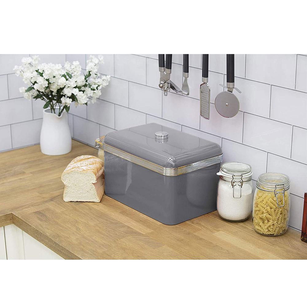 Swan Retro Bread Bin Metal Stainless Steel Chrome 18 Litre Storage Capacity - Grey