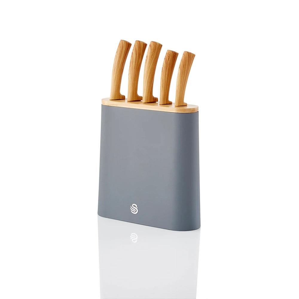 Swan Nordic 5 Piece Knife Block Soft Touch Wooden Effect With Bamboo Top - Slate Grey