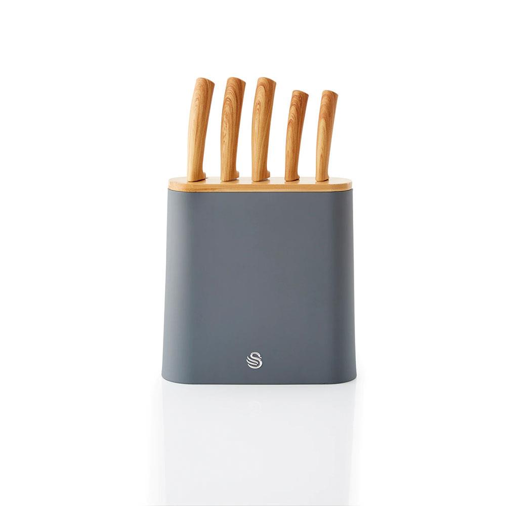 Swan Nordic 5 Piece Knife Block Soft Touch Wooden Effect With Bamboo Top - Slate Grey