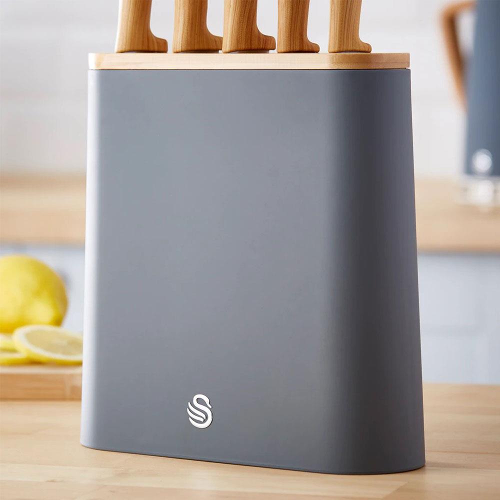 Swan Nordic 5 Piece Knife Block Soft Touch Wooden Effect With Bamboo Top - Slate Grey