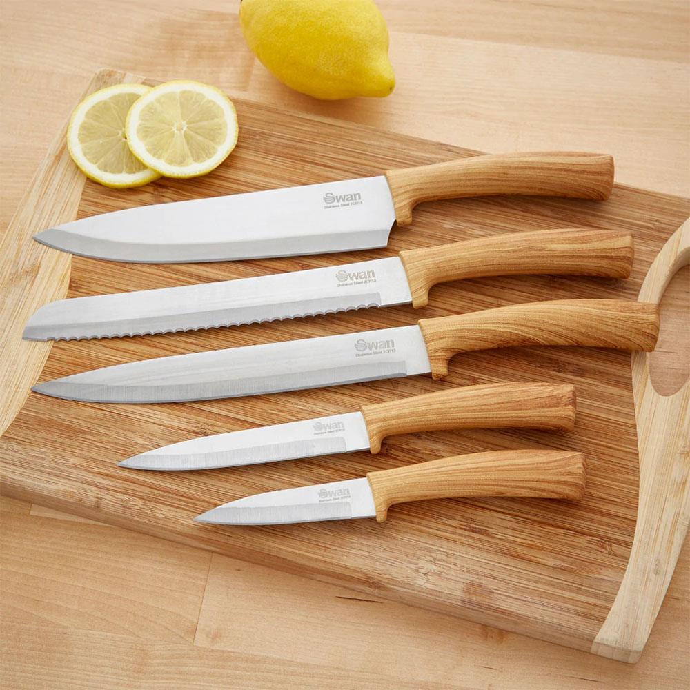 Swan Nordic 5 Piece Knife Block Soft Touch Wooden Effect With Bamboo Top - Slate Grey