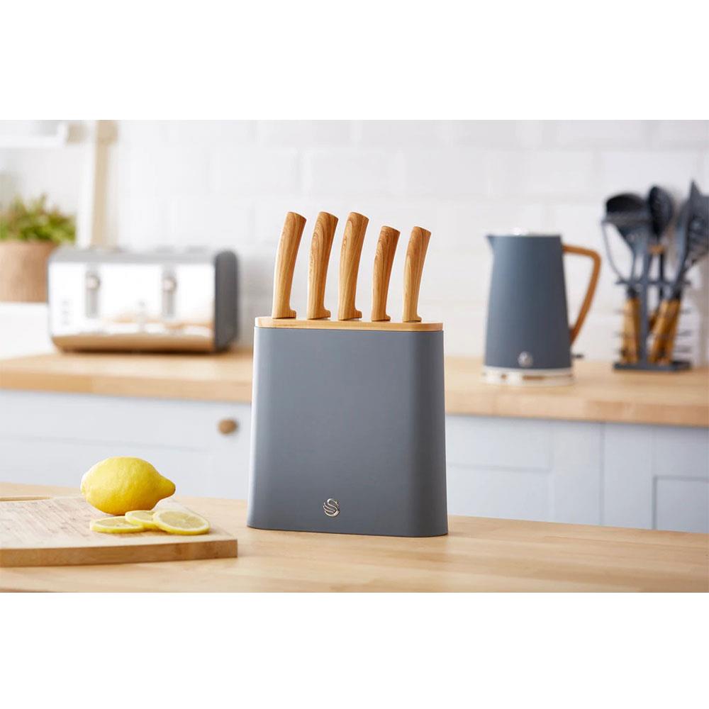 Swan Nordic 5 Piece Knife Block Soft Touch Wooden Effect With Bamboo Top - Slate Grey