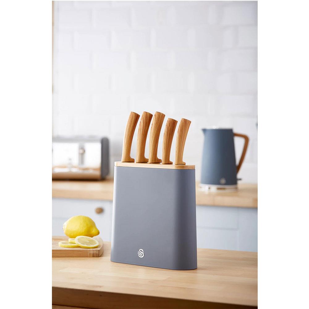 Swan Nordic 5 Piece Knife Block Soft Touch Wooden Effect With Bamboo Top - Slate Grey