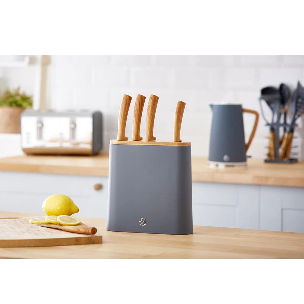 Swan Nordic 5 Piece Knife Block Soft Touch Wooden Effect With Bamboo Top - Slate Grey