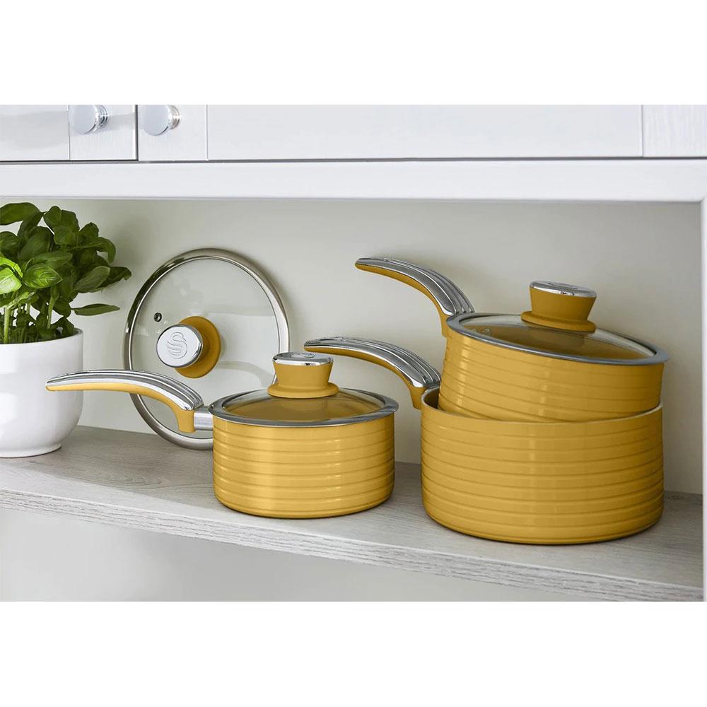 Swan Retro 3 Piece Saucepan Set With Glass Lids 16cm/18cm/20cm - Yellow