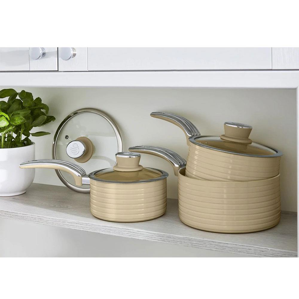 Swan Retro 3 Piece Saucepan Set With Glass Lids 16cm/18cm/20cm - Cream