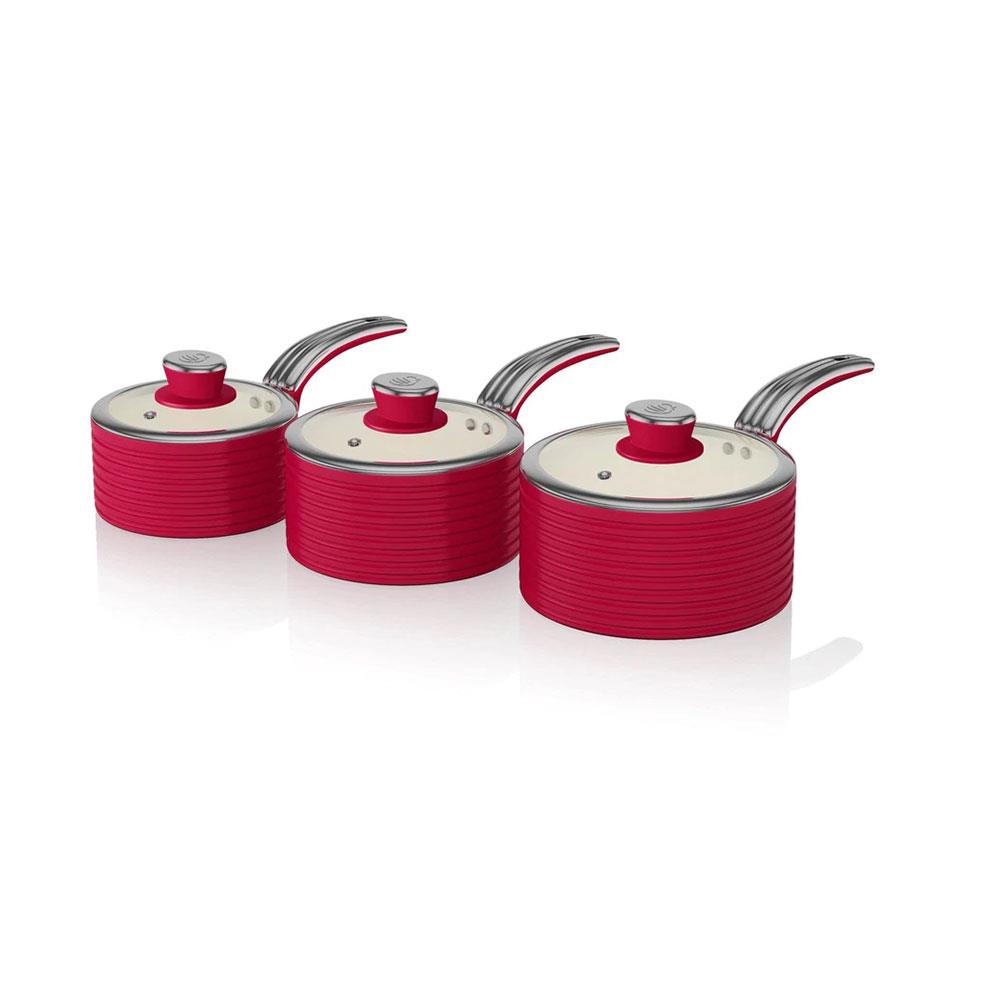 Swan Retro 3 Piece Saucepan Set With Glass Lids 16cm/18cm/20cm - Red