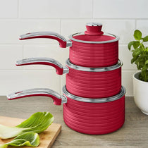 Swan Retro 3 Piece Saucepan Set With Glass Lids 16cm/18cm/20cm - Red