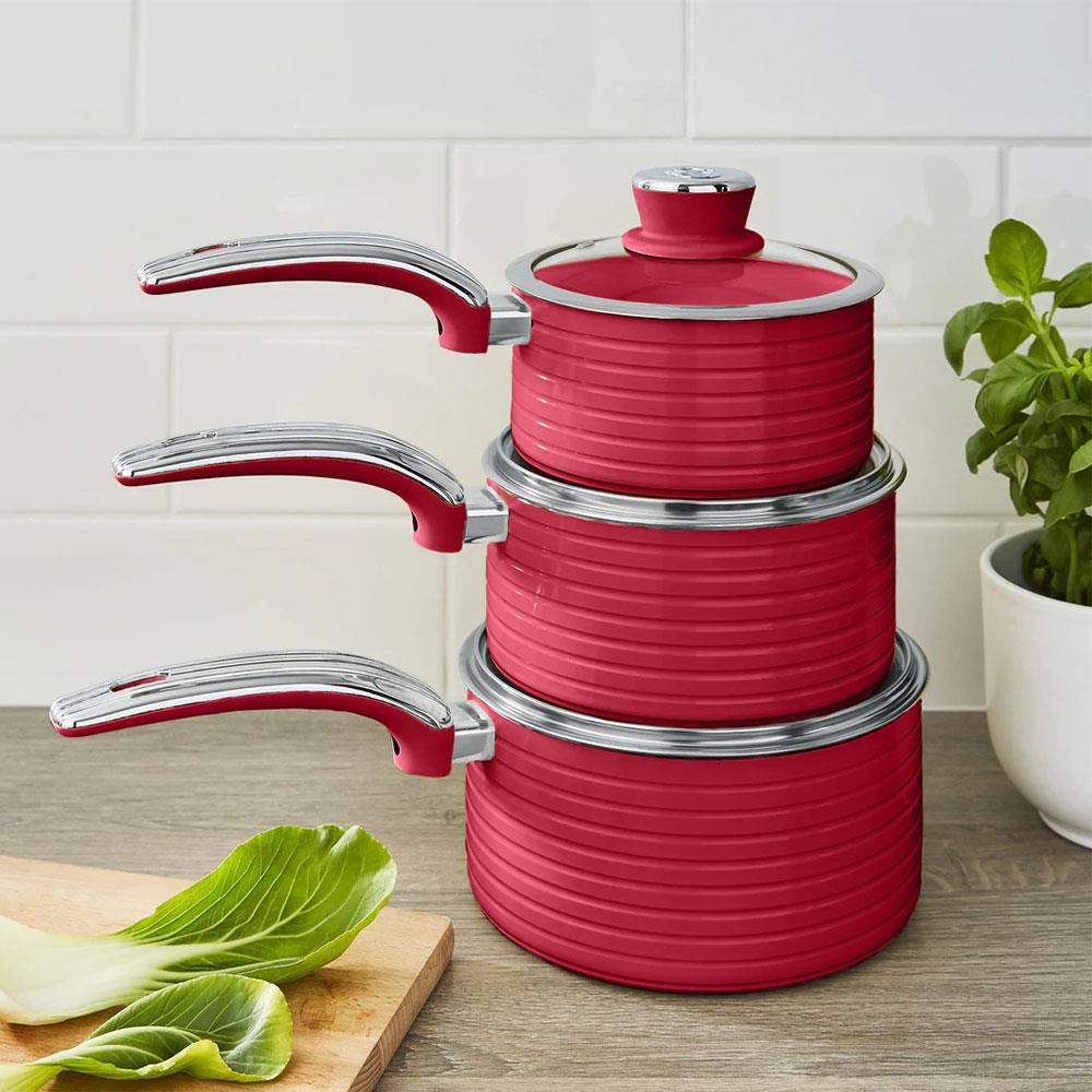Swan Retro 3 Piece Saucepan Set With Glass Lids 16cm/18cm/20cm - Red
