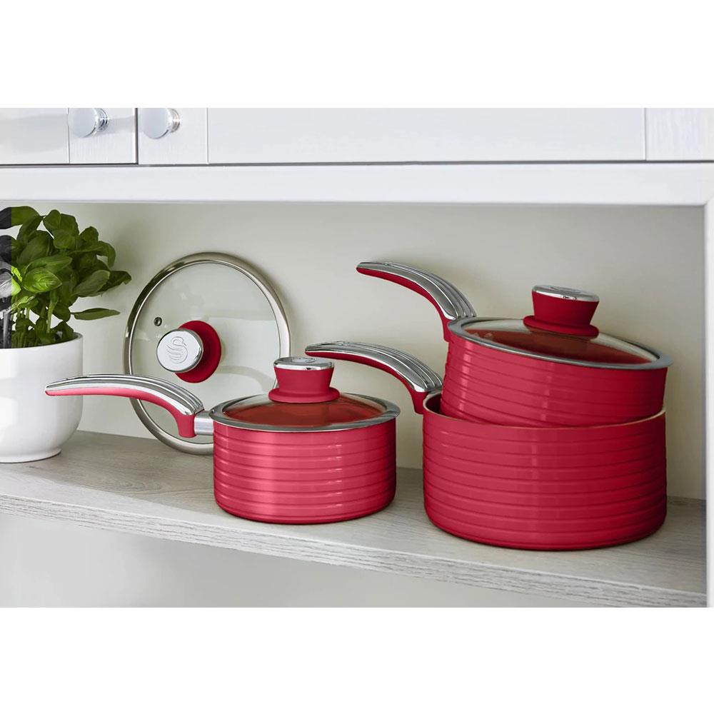 Swan Retro 3 Piece Saucepan Set With Glass Lids 16cm/18cm/20cm - Red
