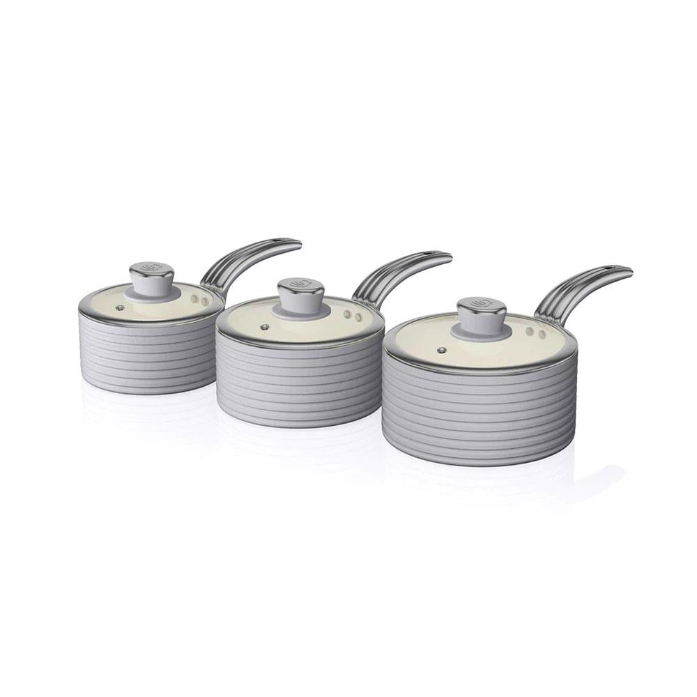 Swan Retro 3 Piece Saucepan Set With Glass Lids 16cm/18cm/20cm - Grey