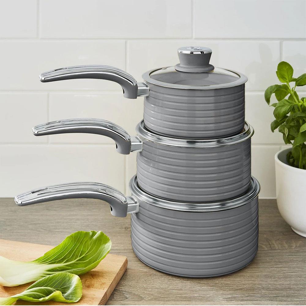 Swan Retro 3 Piece Saucepan Set With Glass Lids 16cm/18cm/20cm - Grey