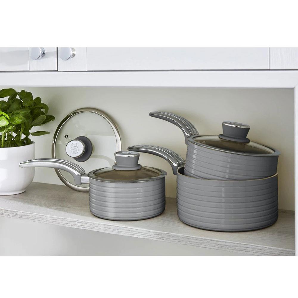 Swan Retro 3 Piece Saucepan Set With Glass Lids 16cm/18cm/20cm - Grey