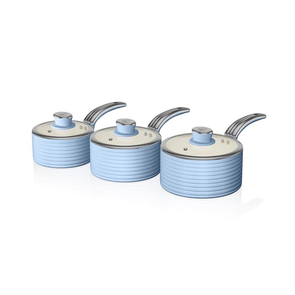 Swan Retro 3 Piece Saucepan Set With Glass Lids 16cm/18cm/20cm - Blue