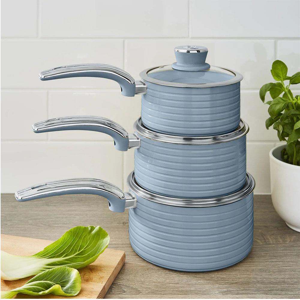 Swan Retro 3 Piece Saucepan Set With Glass Lids 16cm/18cm/20cm - Blue