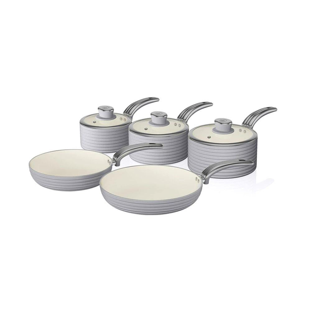 Swan Retro Non Stick Saucepans And Frying Pans 5 Piece Set With Glass Lid - Grey Main image