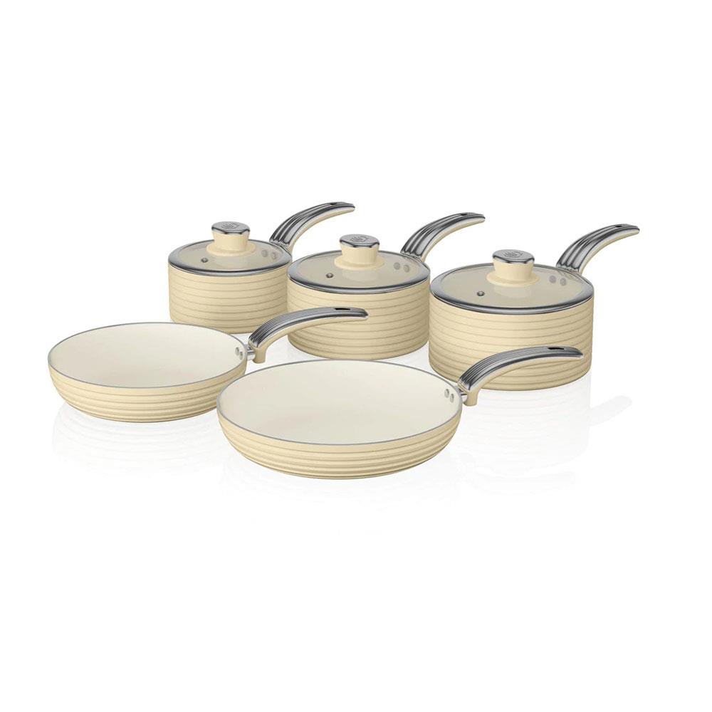 Swan Retro Non Stick Saucepans And Frying Pans 5 Piece Set With Glass Lid - Cream Main image