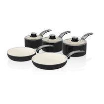 Swan Retro Non Stick Saucepans And Frying Pans 5 Piece Set With Glass Lid - Black