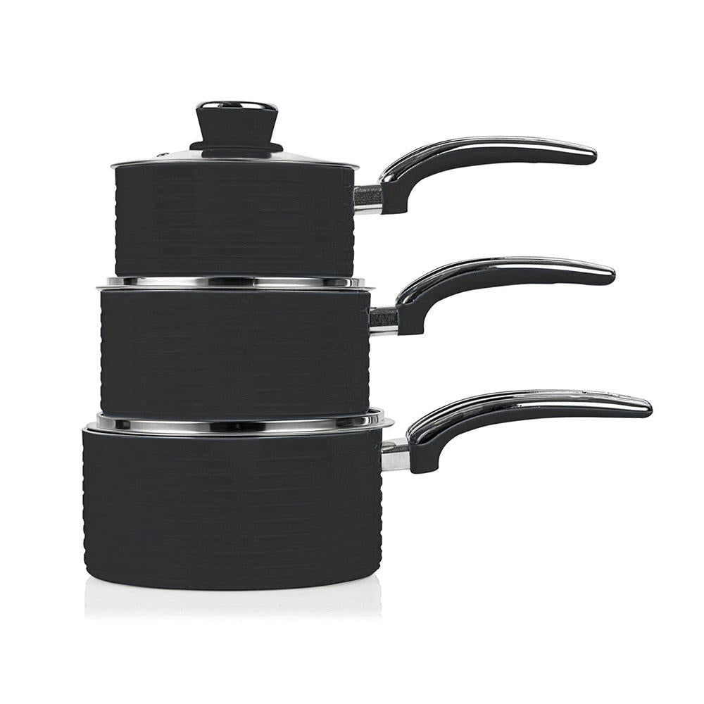 Swan Retro Non Stick Saucepans And Frying Pans 5 Piece Set With Glass Lid - Black
