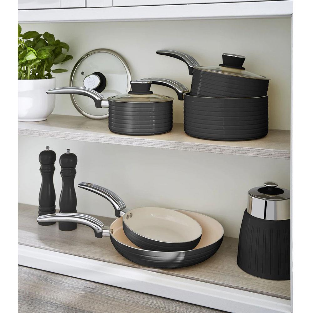 Swan Retro Non Stick Saucepans And Frying Pans 5 Piece Set With Glass Lid - Black