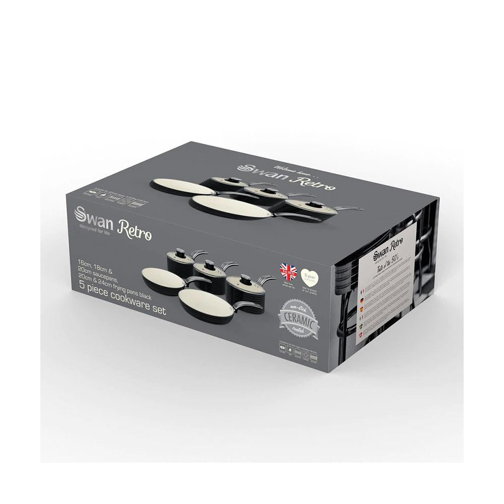 Swan Retro Non Stick Saucepans And Frying Pans 5 Piece Set With Glass Lid - Black