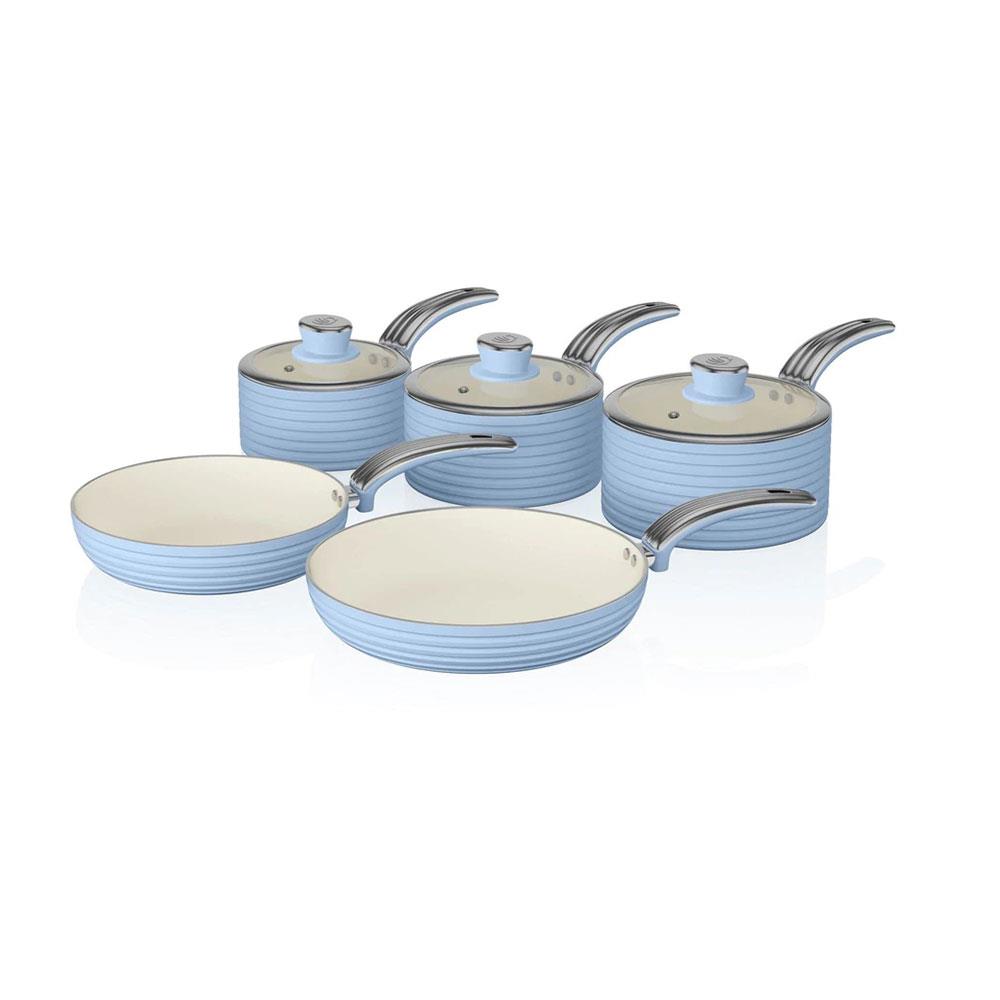 Swan Retro Non Stick Saucepans And Frying Pans 5 Piece Set With Glass Lid - Blue Main image