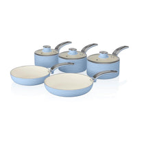 Swan Retro Non Stick Saucepans And Frying Pans 5 Piece Set With Glass Lid - Blue