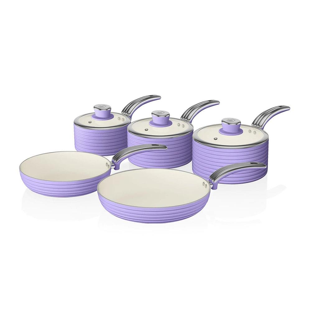 Swan Retro Non Stick Saucepans And Frying Pans 5 Piece Set With Glass Lid - Purple Main image