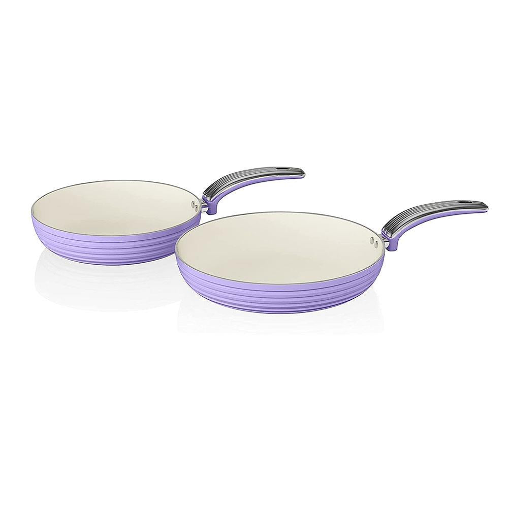 Swan Retro Non Stick Saucepans And Frying Pans 5 Piece Set With Glass Lid - Purple