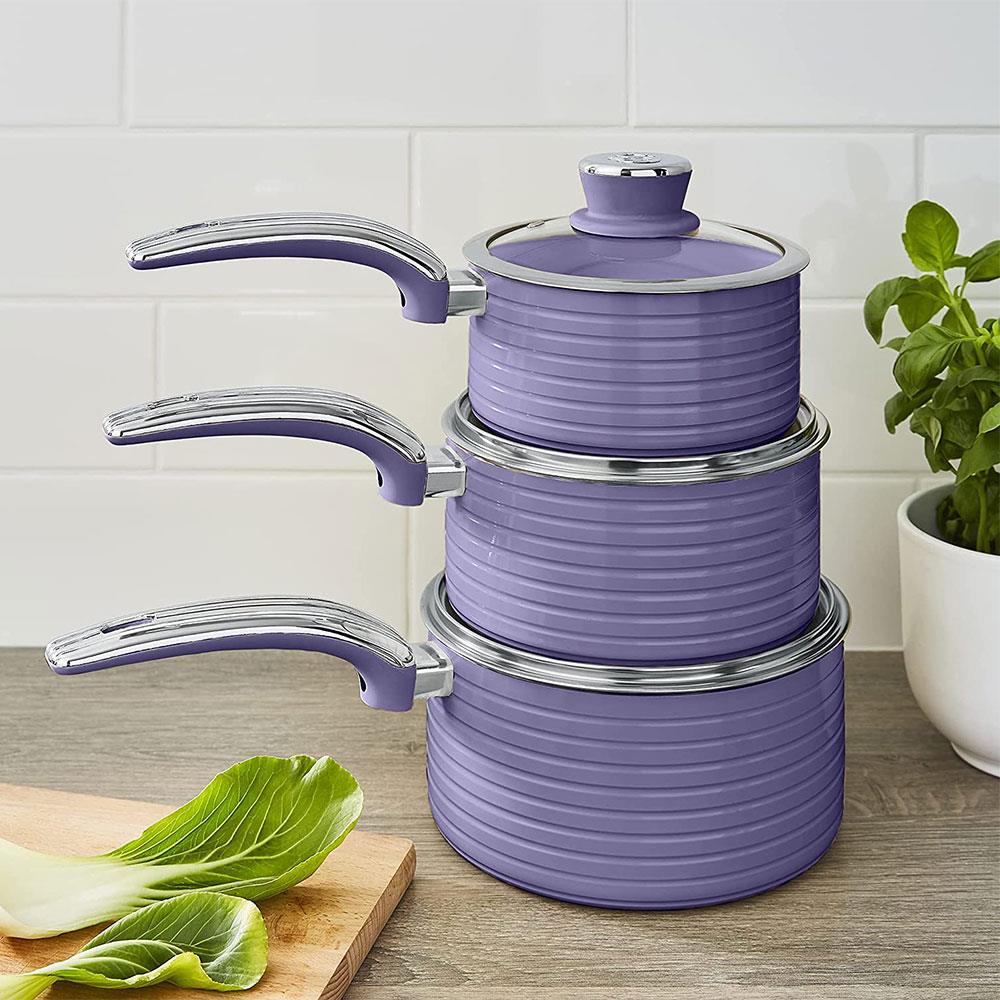 Swan Retro Non Stick Saucepans And Frying Pans 5 Piece Set With Glass Lid - Purple