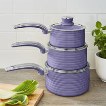 Swan Retro Non Stick Saucepans And Frying Pans 5 Piece Set With Glass Lid - Purple