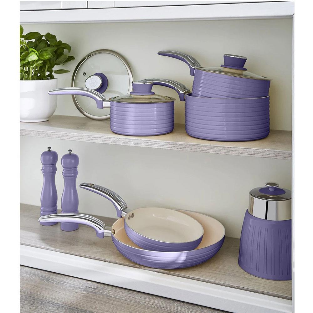Swan Retro Non Stick Saucepans And Frying Pans 5 Piece Set With Glass Lid - Purple