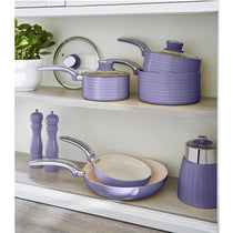 Swan Retro Non Stick Saucepans And Frying Pans 5 Piece Set With Glass Lid - Purple