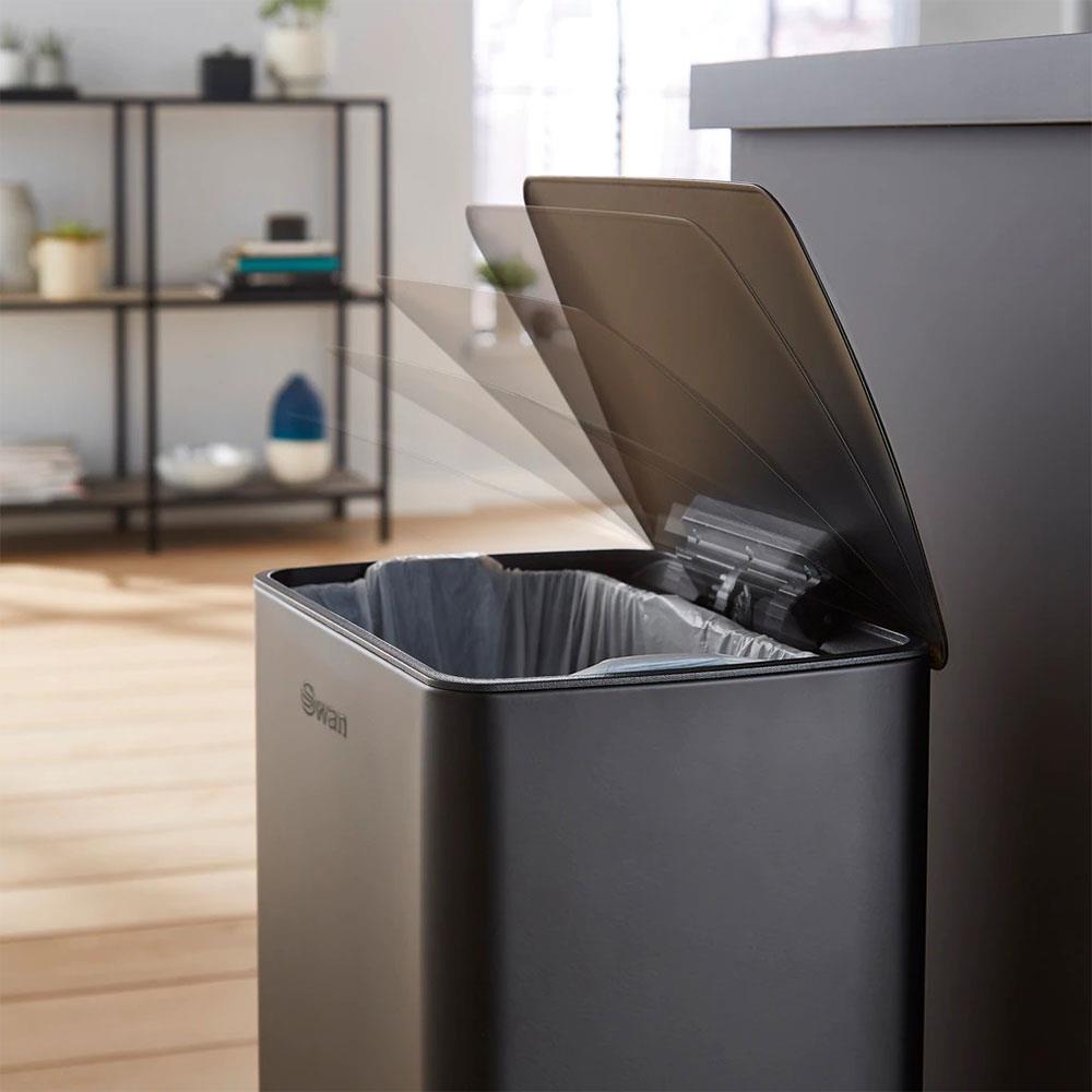 Swan Stealth Pedal Bin Iron Matt Finish Soft Closing Lid 30 Litre - Black