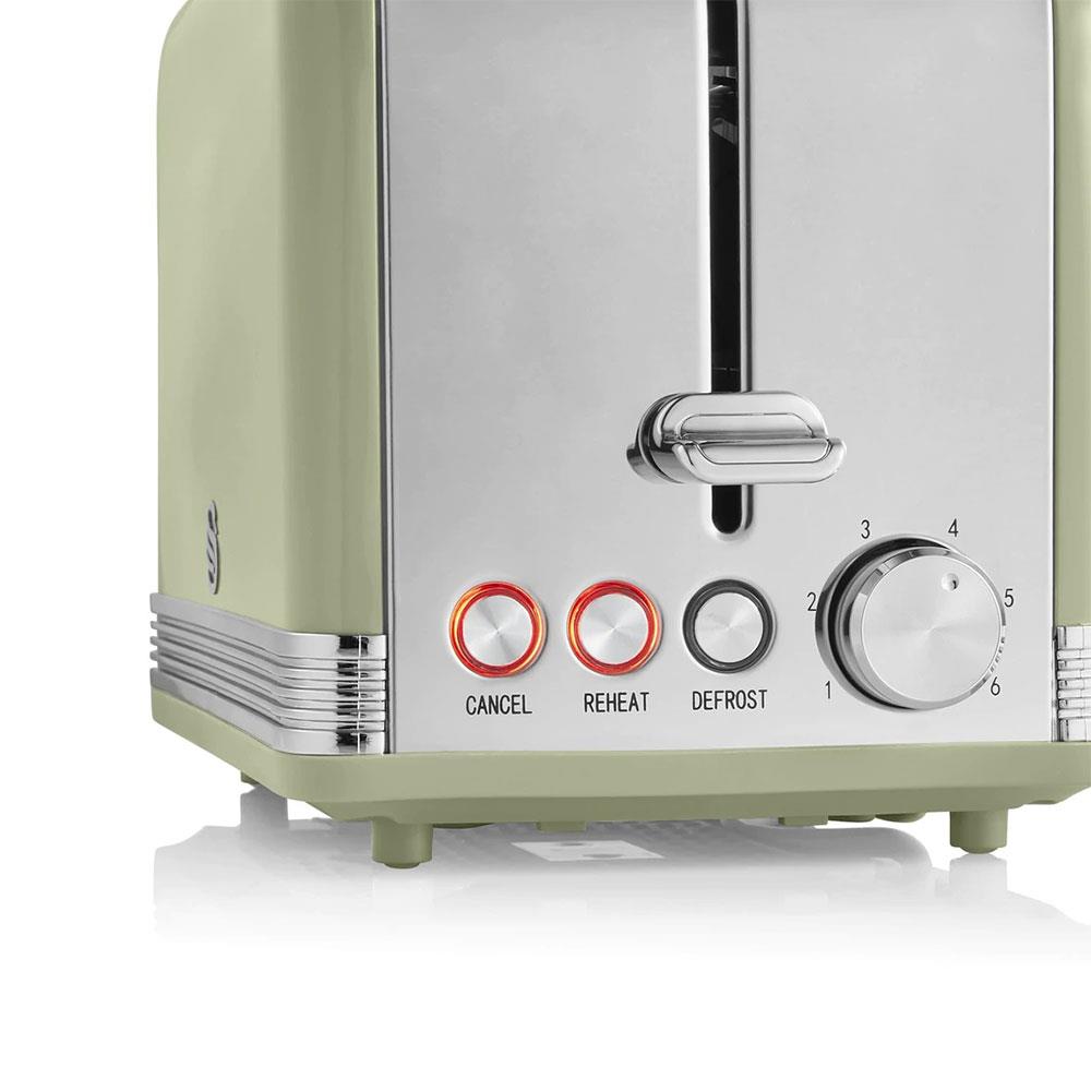 Swan Retro 2 Slice Toaster With Defrost Reheat And Cancel Functions Stainless Steel 815 W - Green